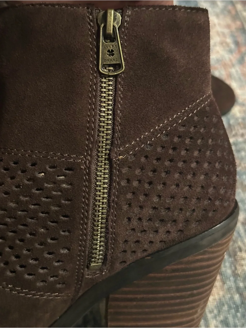 Lucky Brand Brown Leather Ankle Boots Perforated Block Heel Side Zip 8.5